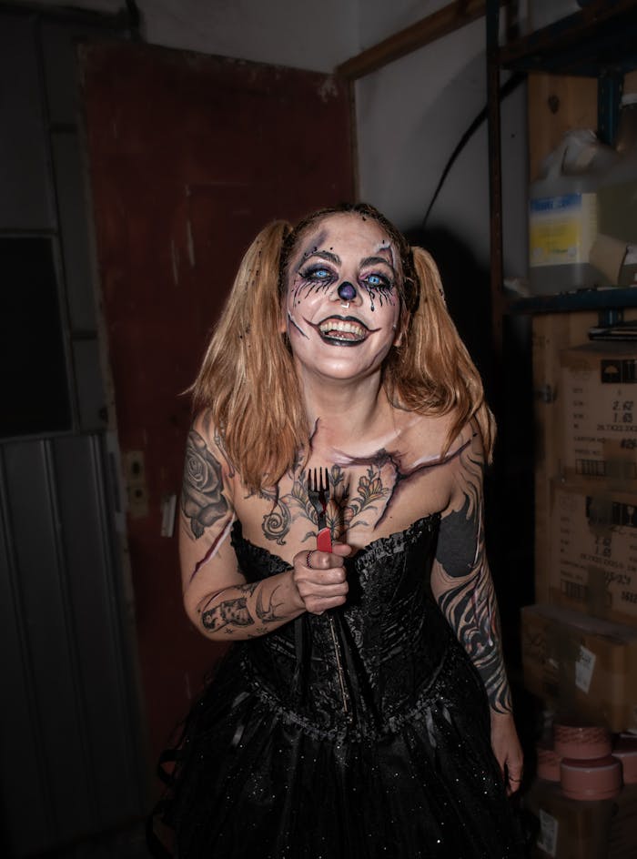 A woman in clown makeup and a black dress holding a fork in a dimly lit warehouse setting.