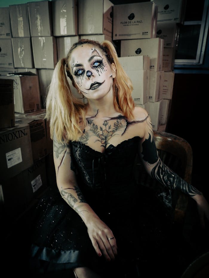 A woman in gothic makeup and costume poses hauntingly in a dimly lit warehouse, creating a spooky Halloween vibe.