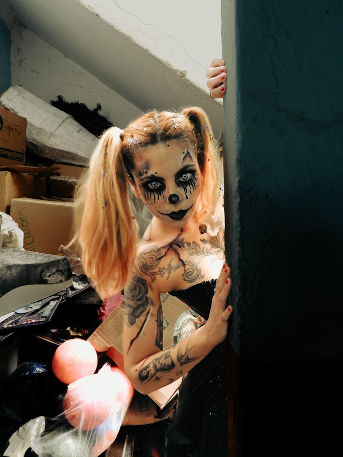 Artistic portrayal of a woman in gothic clown makeup in a cluttered indoor setting, exuding a haunting Halloween vibe.